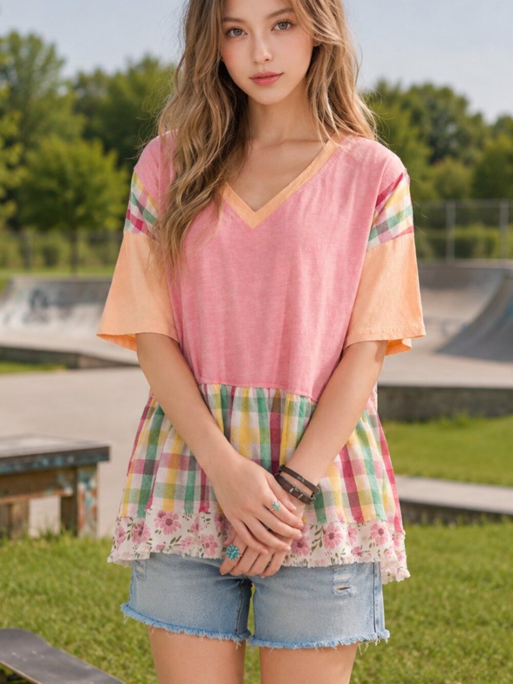 Sage + Fig Boho Baggy Upcycle T Shirt Style Ruffle Hem Slouchy Feminine Top